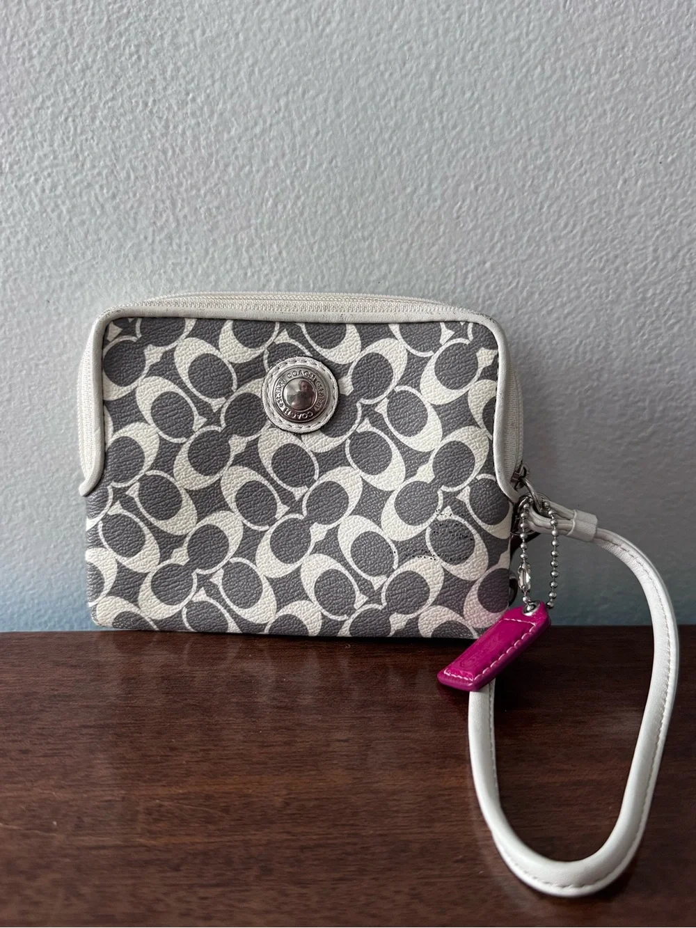 Coach Gray & White Signature Canvas Wristlet with Hot Pink Tag